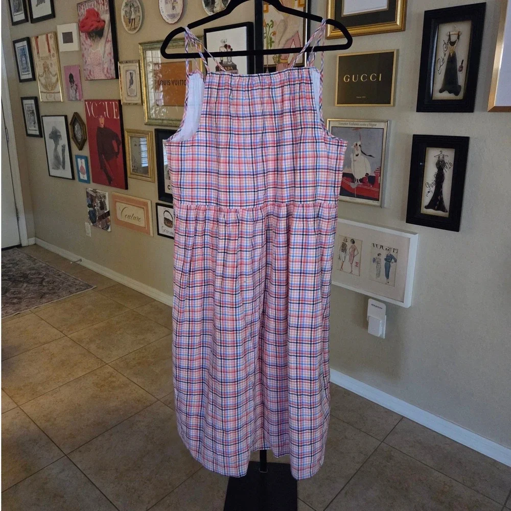LOFT Whisper White Plaid Midi Dress Double Spaghetti Strap V-Neck Empire Waist - Picture 5 of 5